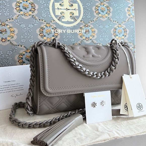 Tory Burch Handbags - NWT Tory Burch Fleming Matte Gray Convertible Shoulder Bag & Kira Studs $576